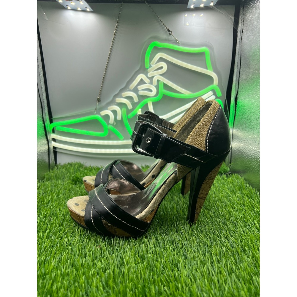 Charles by Charles David Black Platform Sandals Cork Heel Burlap Strappy 6.5B